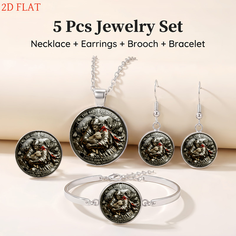 5pc Good Shepherd Theme Women's Jewelry Set, Necklace, Earrings, Brooch, Bracelet